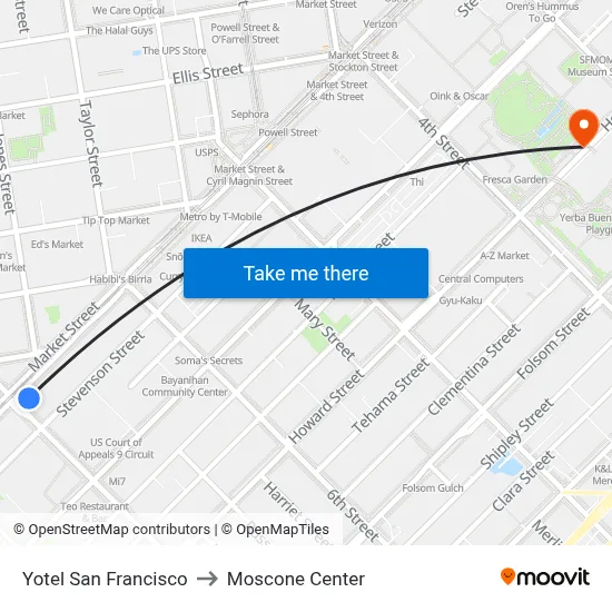 Yotel San Francisco to Moscone Center map