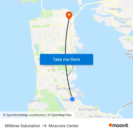 Millbrae Substation to Moscone Center map
