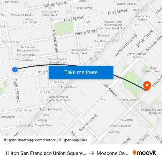 Hilton San Francisco Union Square Pool to Moscone Center map