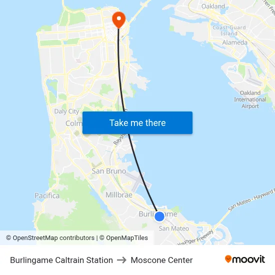 Burlingame Caltrain Station to Moscone Center map