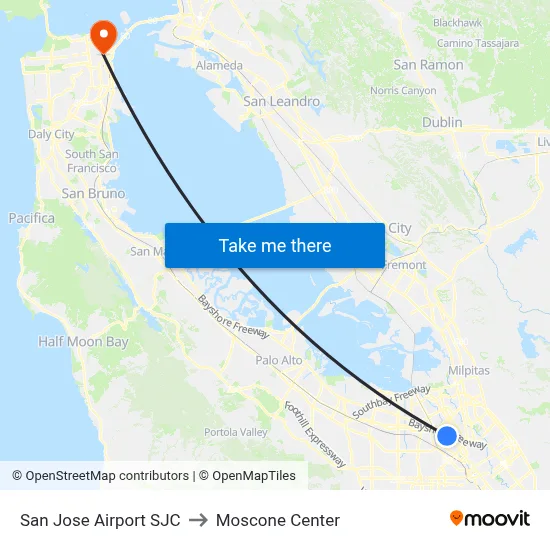 San Jose Airport SJC to Moscone Center map