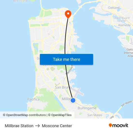 Millbrae Station to Moscone Center map