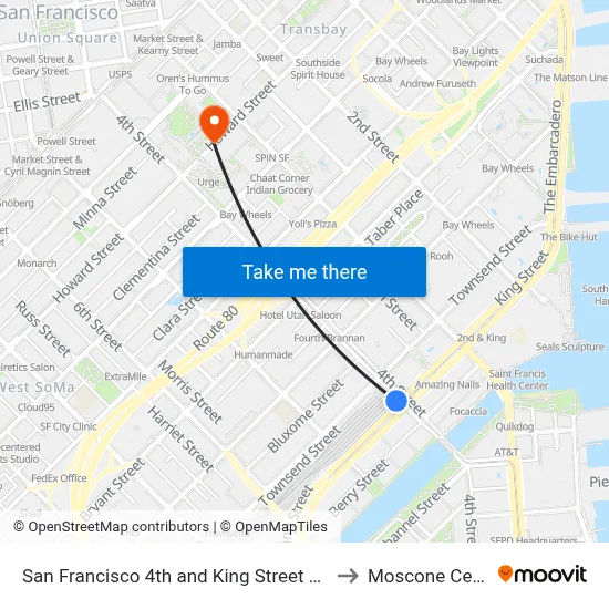 San Francisco 4th and King Street Station to Moscone Center map