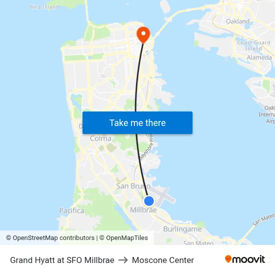 Grand Hyatt at SFO Millbrae to Moscone Center map