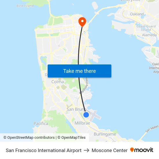San Francisco International Airport to Moscone Center map