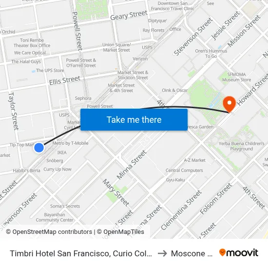 Timbri Hotel San Francisco, Curio Collection by Hilton to Moscone Center map