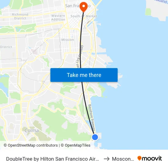 DoubleTree by Hilton San Francisco Airport North Bayfront, Brisbane to Moscone Center map