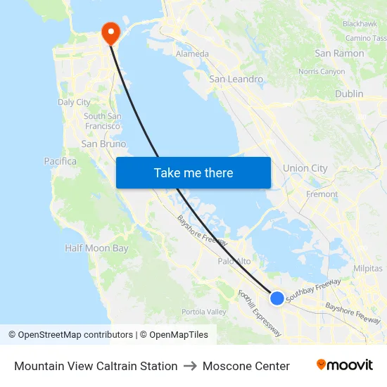 Mountain View Caltrain Station to Moscone Center map