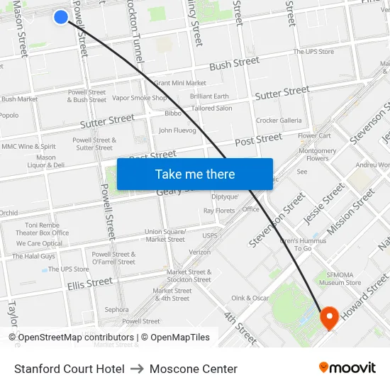 Stanford Court Hotel to Moscone Center map