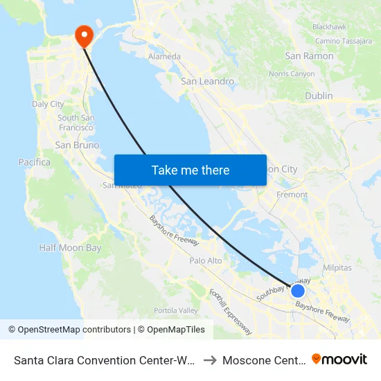 Santa Clara Convention Center-West to Moscone Center map