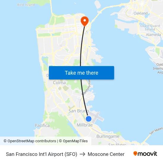 San Francisco Int'l Airport (SFO) to Moscone Center map