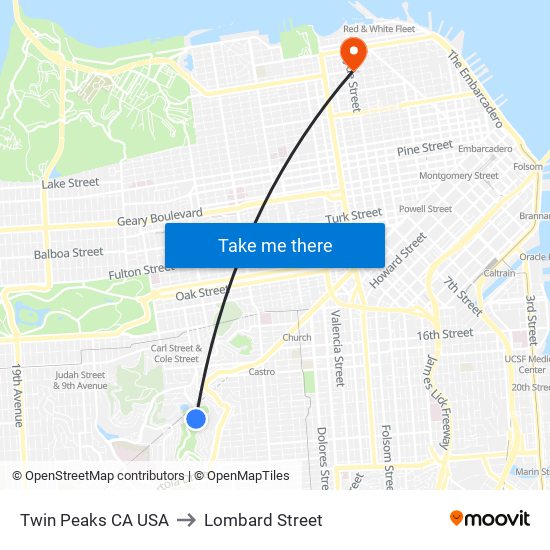 Twin Peaks CA USA to Lombard Street map