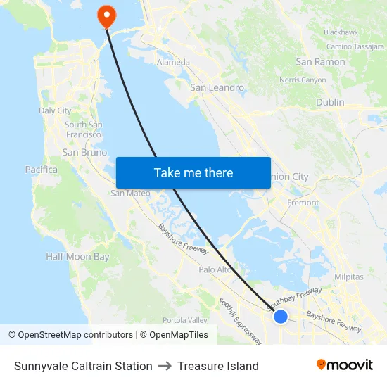 Sunnyvale Caltrain Station to Treasure Island map