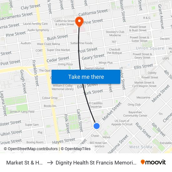 Market St & Hyde St to Dignity Health St Francis Memorial Hospital map