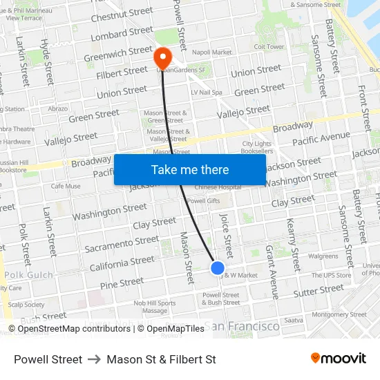 Powell Street to Mason St & Filbert St map