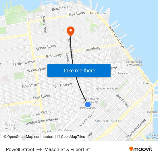Powell Street to Mason St & Filbert St map