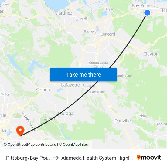 Pittsburg/Bay Point-BART to Alameda Health System Highland Hospital map