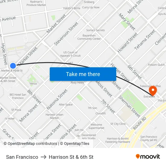 San Francisco to Harrison St & 6th St map