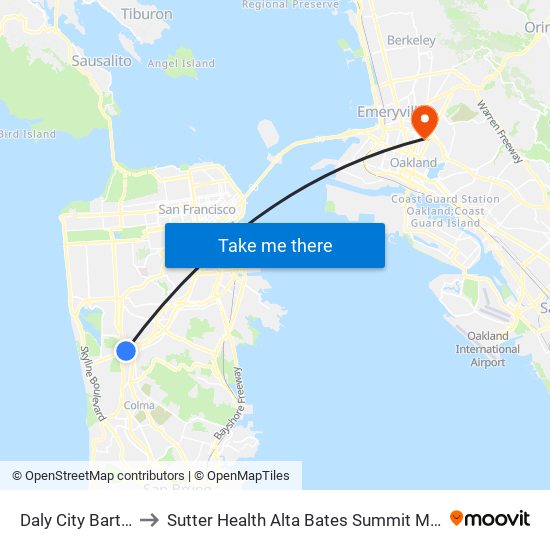 Daly City Bart-Bay 1 to Sutter Health Alta Bates Summit Medical Center map