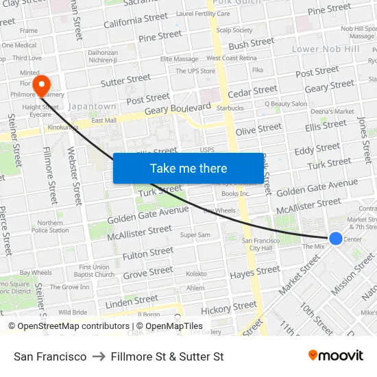 San Francisco to Fillmore St & Sutter St map