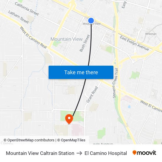 Mountain View Caltrain Station to El Camino Hospital map