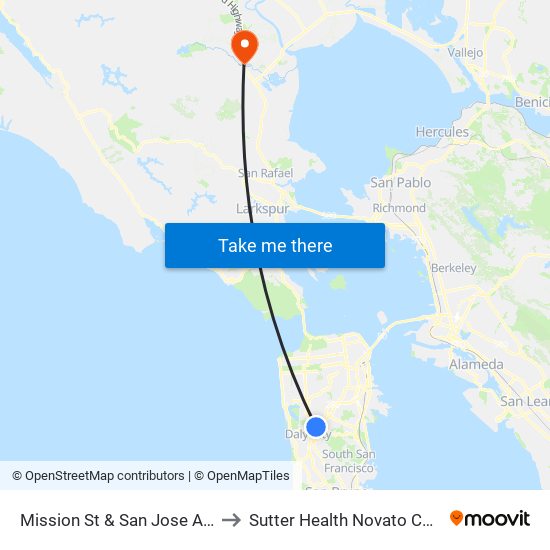 Mission St & San Jose Ave/Wellington Ave to Sutter Health Novato Community Hospital map