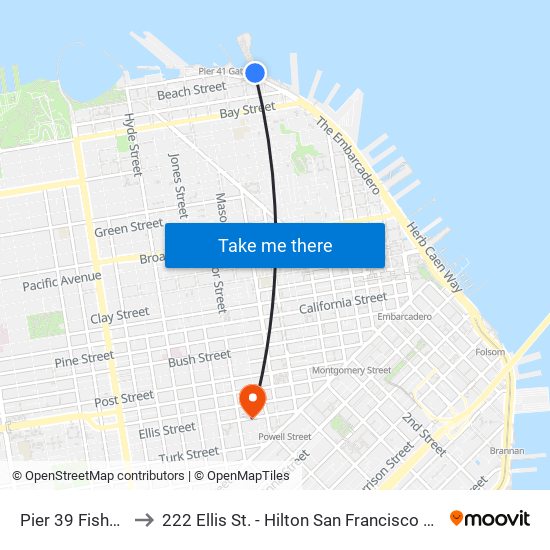 Pier 39 Fisherman's Wharf to 222 Ellis St. - Hilton San Francisco Union Square - Garage - Spothero map