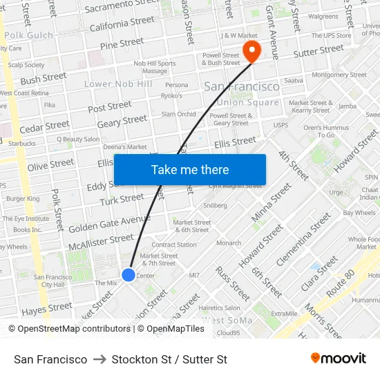 San Francisco to Stockton St / Sutter St map
