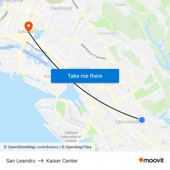 San Leandro to Kaiser Center map