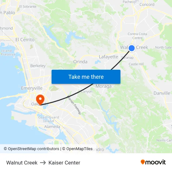 Walnut Creek to Kaiser Center map