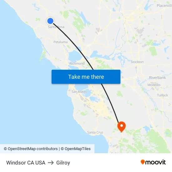 Windsor CA USA to Gilroy map