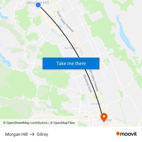 Morgan Hill to Gilroy map