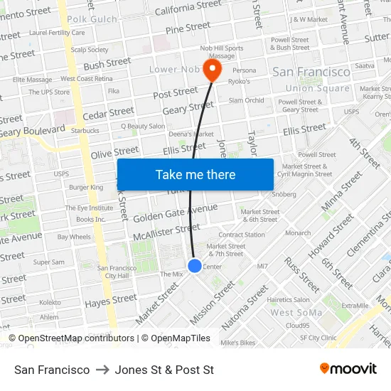 San Francisco to Jones St & Post St map