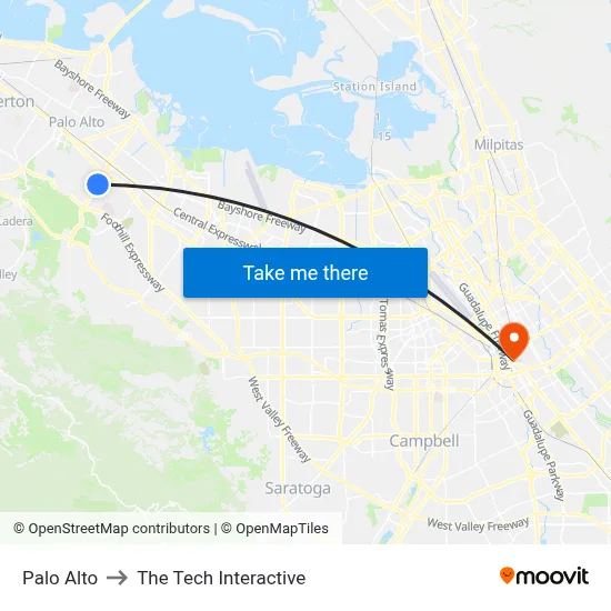 Palo Alto to The Tech Interactive map