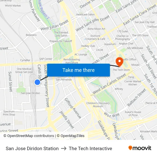 San Jose Diridon Station to The Tech Interactive map