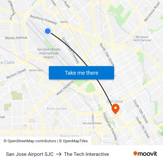 San Jose Airport SJC to The Tech Interactive map
