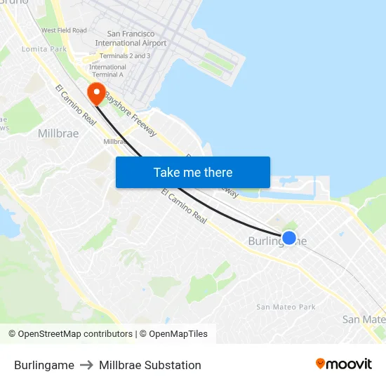 Burlingame to Millbrae Substation map