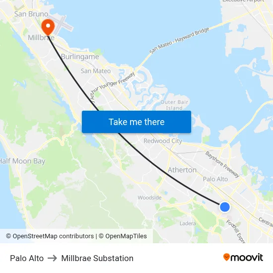 Palo Alto to Millbrae Substation map