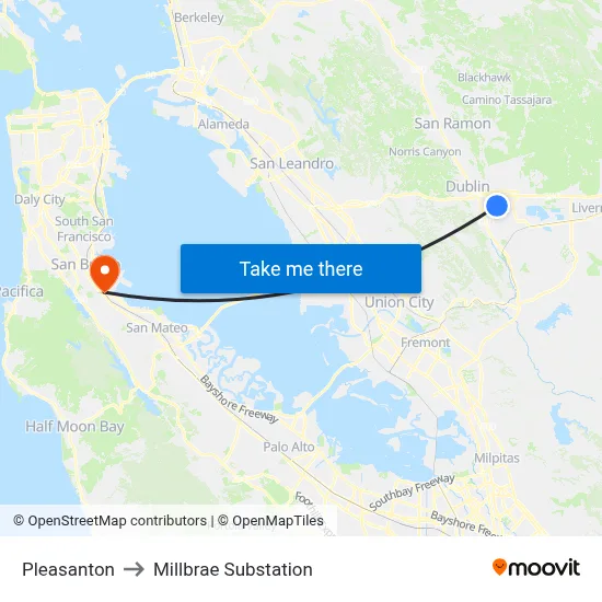 Pleasanton to Millbrae Substation map