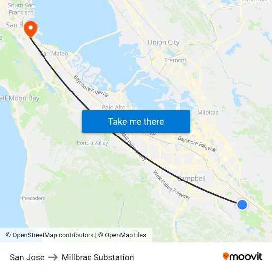 San Jose to Millbrae Substation map