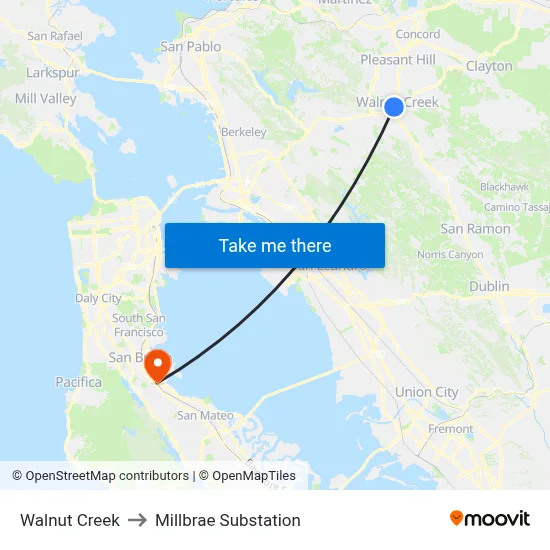 Walnut Creek to Millbrae Substation map
