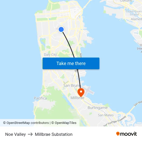 Noe Valley to Millbrae Substation map