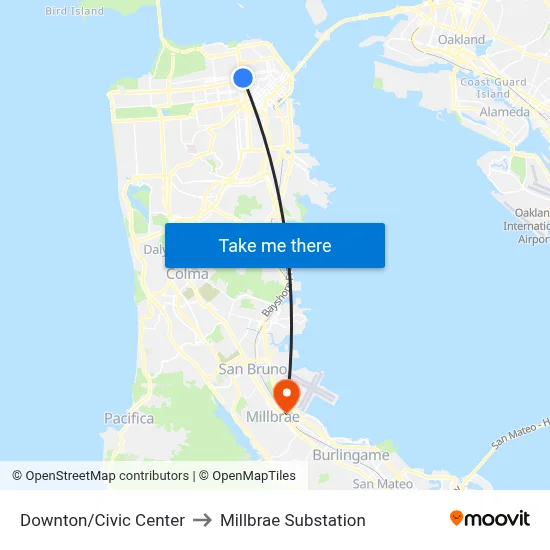 Downton/Civic Center to Millbrae Substation map