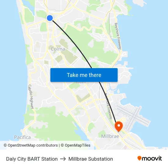 Daly City BART Station to Millbrae Substation map