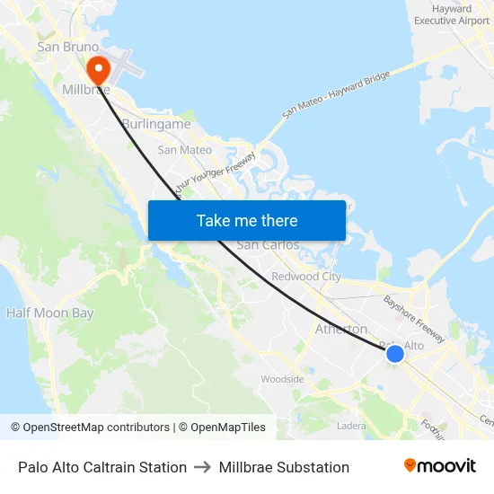 Palo Alto Caltrain Station to Millbrae Substation map