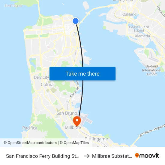 San Francisco Ferry Building Station to Millbrae Substation map