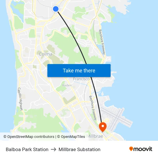Balboa Park Station to Millbrae Substation map