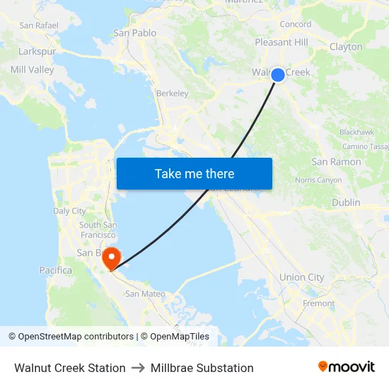 Walnut Creek Station to Millbrae Substation map