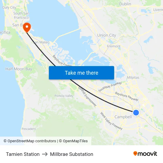Tamien Station to Millbrae Substation map