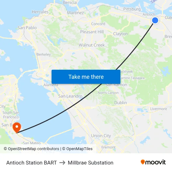 Antioch Station BART to Millbrae Substation map